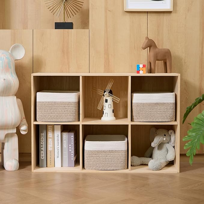 Small Organizing Baskets for Cubes Shelf, 9.7x9.7x7.1 Inch Rope Woven Storage Bins for Nursery Shelves Storage, Cute Toy Basket, Square 3 Packs Off White Brown