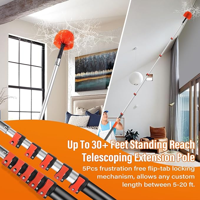 30FT Reach Cobweb Duster with Extension Pole,Spider Web Brush for Cleaning with 5-24FT Telescoping Pole,5-Stage Lightweight & Sturdy Telescopic Web Cobweb Duster Pole for Outdoor Indoor Use
