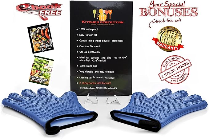KITCHEN PERFECTION XL Silicone Smoker Oven Gloves-Extreme Heat Resistant BBQ Gloves-Handle Hot Food Right on Your Grill Fryer&Pit|Waterproof Grilling Cooking Baking Mitts|Superior Value Set+3 Bonuses