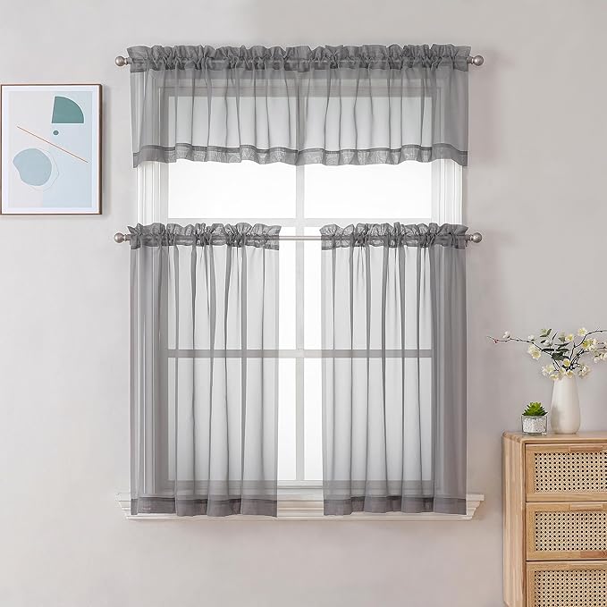 Chyhomenyc Sheer Curtains Tiers 42W x 24L Inches, Light Filtering Small Curtains, Short Bathroom Living Room Cafe Basement Voile Window Curtain, Rod Pocket, 2PCS, Charcoal Grey