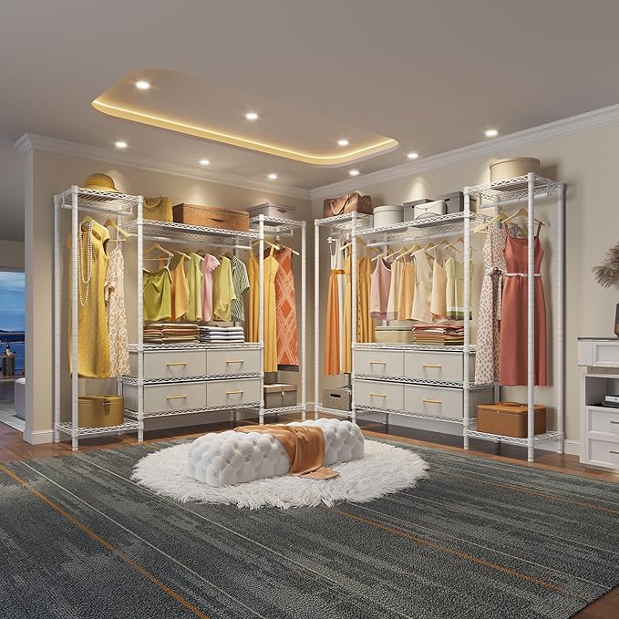 VIPEK V20 Wire Garment Rack Heavy Duty Clothes Rack, Metal Clothing Rack with 6 Shelves, 3 Hang Rods & 4 Fabric Drawers, Compact Freestanding Closet Wardrobe, 56.7" L x 14.6" W x 70.9" H, White