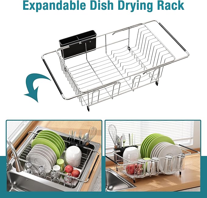 JASIWAY Dish Drying Rack in Sink, Expandable Stainless Steel Dish Drainers for Kitchen Counter, Dish Dryer Rack for Inside Sink, Over The Sink Dish Racks with Utensil Holder, Silver