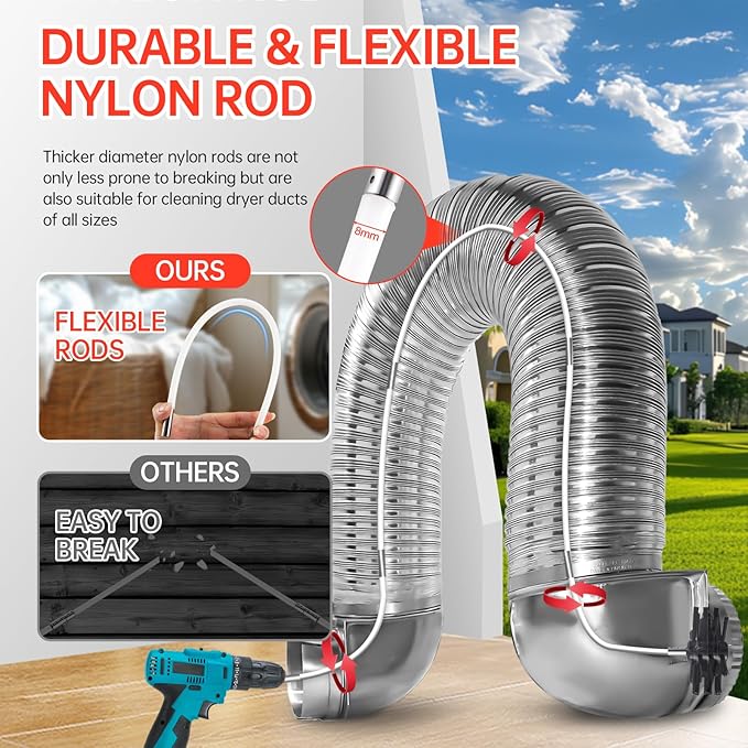 Dryer Vent Cleaner Kit, Bluesea 33-Piece Omnidirectional Dryer Cleaning Kit Include 40 Feet Dryer Vent Brush, Upgrade Noiseless Dryer Lint Vacuum Attachment, Lint Trap Brush, Vacuum & Dryer Adapters