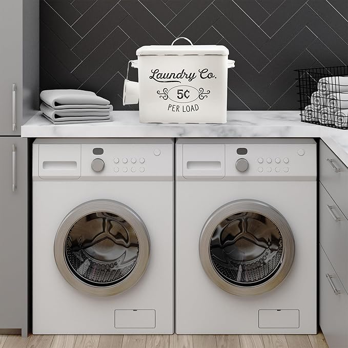 AuldHome Design Farmhouse Laundry Powder Container, White Enamelware Detergent Bin w/ Scoop