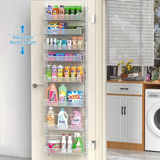 Over the Door Pantry Organizer, 8-Tier Over the Door Organizer with Adjustable Basket, Pantry Door Organization for Pantry Kitchen Storage Room Spice Rack, White