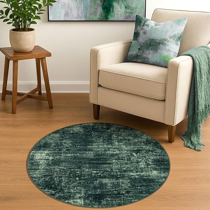 IOHOUZE Round Area Rug 3 Ft Circle Entryway Rugs Round Washable Door Mat Indoor Entrance, Non Slip Circle Front Door Rug, Printed Abstract Faux Wool Floor Carpet for Foyer Porch Sink, Dark Green