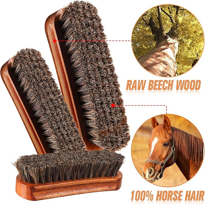 4 Pcs Horsehair Shine Shoes Brush Kit Polish Dauber Applicators Cleaning Leather Shoes Boots Care Brushes Suede Cleaner Brush with Microfiber Shoe Gloves(3 Pcs Shine Brush)