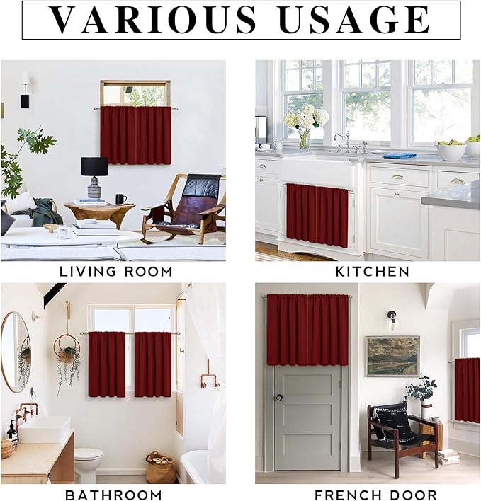 RYB HOME Short Curtains Blackout - Small Window Decor Privacy Thermal Insulated Drapes for Baby Bathroom Basement, W52 x L36, Burgundy Red, Set of 2