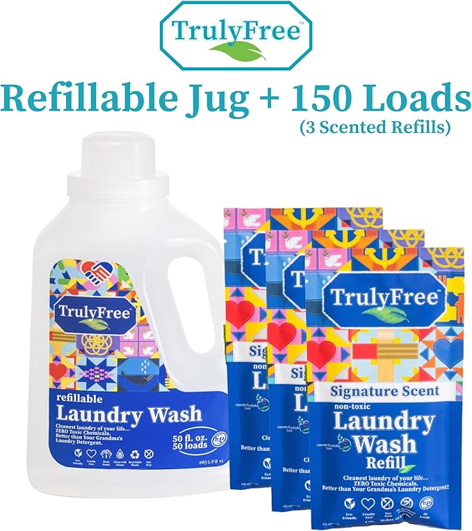 Truly Free Natural Laundry Detergent for Sensitive Skin | Eco Friendly, Plant Based, Baby Clothes Safe | Clean & Easy Powder to Liquid, 3 Pack Detergent + 1 Refillable Jug | Signature Scent 150 Loads