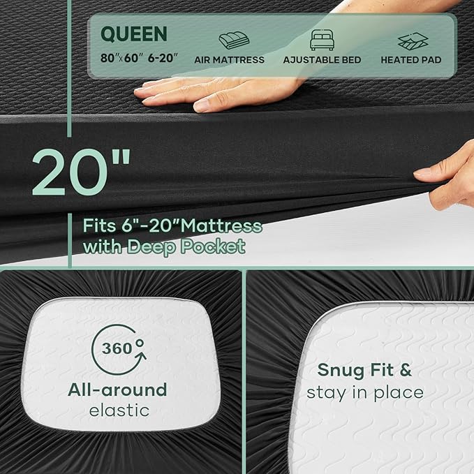 OhGeni 100% Waterproof Mattress Protector, Queen Size Mattress Pad, Fits 6"-20" Mattresses with Deep Pocket, Cooling, Breathable Fitted Sheets, Soft Bed Cover, Noiseless, Machine Washable(Black)