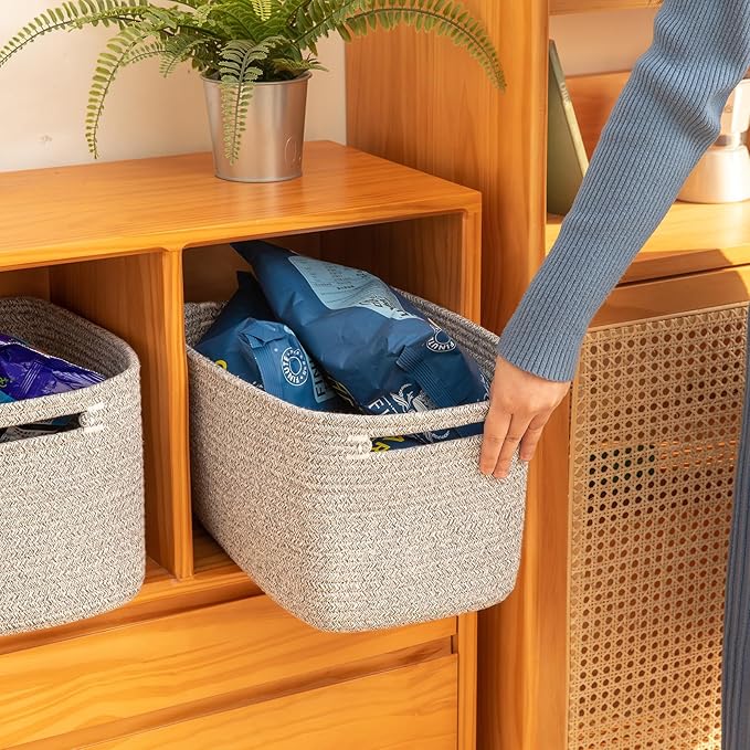 OIAHOMY 4 Pack Storage Baskets for Organizing, Cube Storage Bins for Shelves, Rectangle Storage Baskets With Handles, Woven Baskets for Storage, 12.7''Lx9''Wx7.8''H, Grey