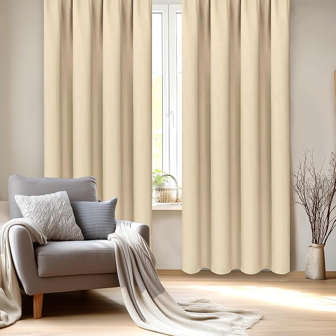 DWCN Insulated Blackout Curtains for Bedroom, Energy Saving Privacy Room Darkening Curtains for Living Room (W60 x L84 inch, Beige, Set of 2 Panels, Top of Rod Pocket)