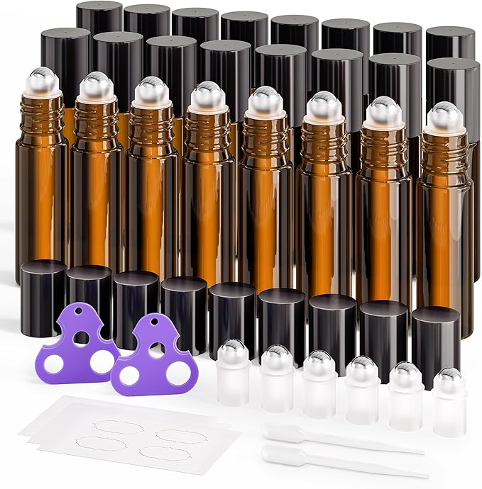 ULG 24-Pack Essential Oil Roller Bottles 10ml, Empty Bottles with Stainless Steel Roller Balls and Waterproof Labels, Amber Roller Balls For Essential Oils