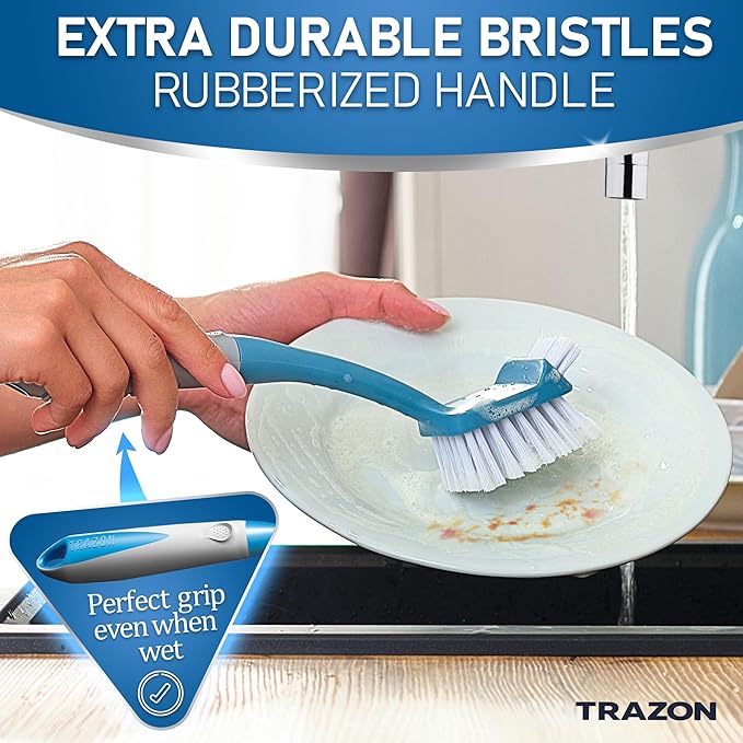 Dish Brush Set of 5 with Convenient Holder, Bottle Water Brush, Dish Scrub Brush, Scrubber Brush and Straw Brush - Kitchen Scrub Brushes Non Slip Long Handle for Sink Dishes Cup Pot