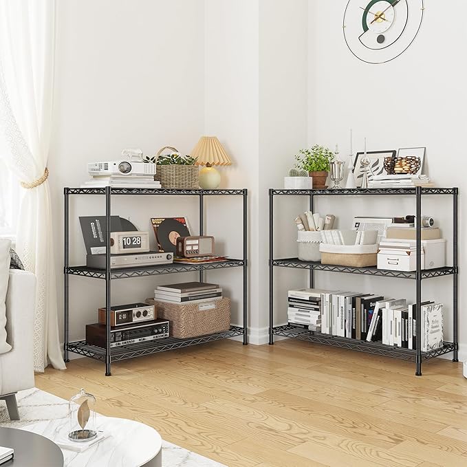 3- Shelf Metal Shelving Unit 35.6Wx14Dx36H Adjustable Storage Shelves Heavy Duty Garage Shelving Steel Wire Shelving for Laundry Bathroom Kitchen Pantry Closet Garage Black