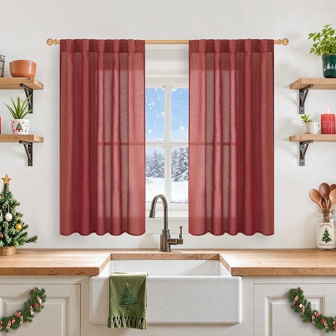 YoungsTex Red Linen Curtains 45 Inch Length for Kitchen, Short Window Drapes with Rod Pocket Back Tab Light Filtering Christmas Decor for Bathroom Cafe, 2 Panels, 42 X 36 Inch