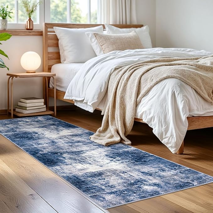 IOHOUZE Abstract Runner Rug 2x6 Ft Washable Runners for Hallways, Non Slip Kitchen Runner Printed Faux Wool Entryway Runner Indoor, Modern Abstract Floor Carpet for Hall Kitchen Bedroom, Navy/Grey