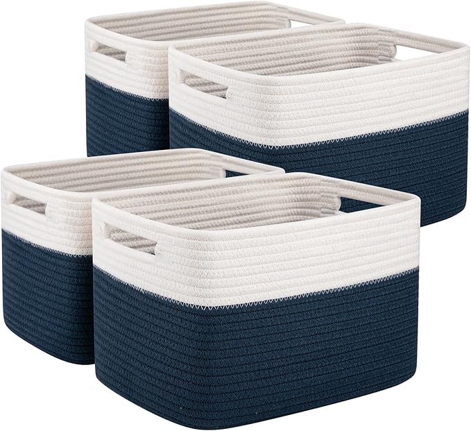 OIAHOMY 4 Pack Storage Baskets for Organizing, Basket for Shelves with Handle, Woven Baskets for Storage Toys, Towels, Books, Cotton Rope Basket 13" L x 9 " W x 7.8 " H, Blue & White
