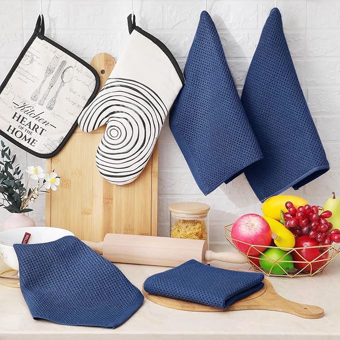 Homaxy 100% Cotton Waffle Weave Kitchen Dish Cloths, Ultra Soft Absorbent Quick Drying Dish Towels, 12 x 12 Inches, 8-Pack, Navy Blue