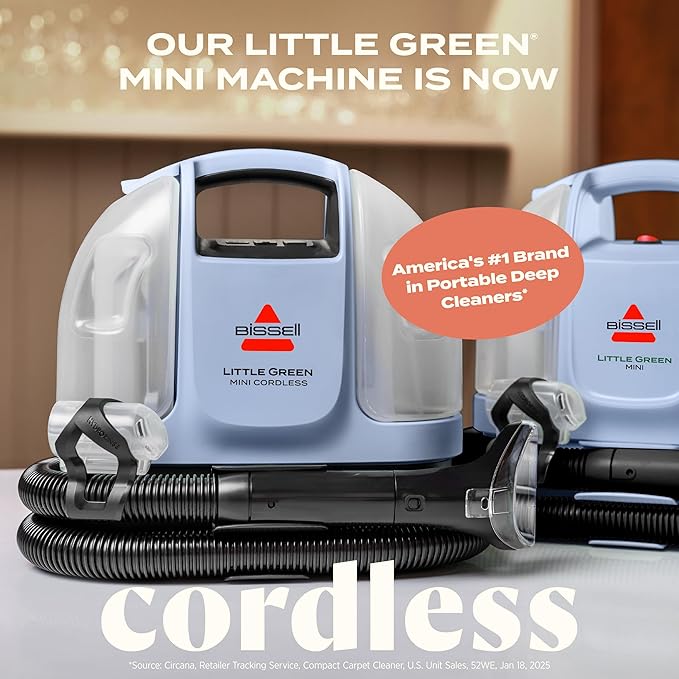 BISSELL Little Green Mini Cordless Portable Carpet and Upholstery Deep Cleaner, Car/Auto Detailer, with HydroRinse Self-Cleaning Tool and 4" Tough Stain Tool, Limited Edition Color Lake, 4015L