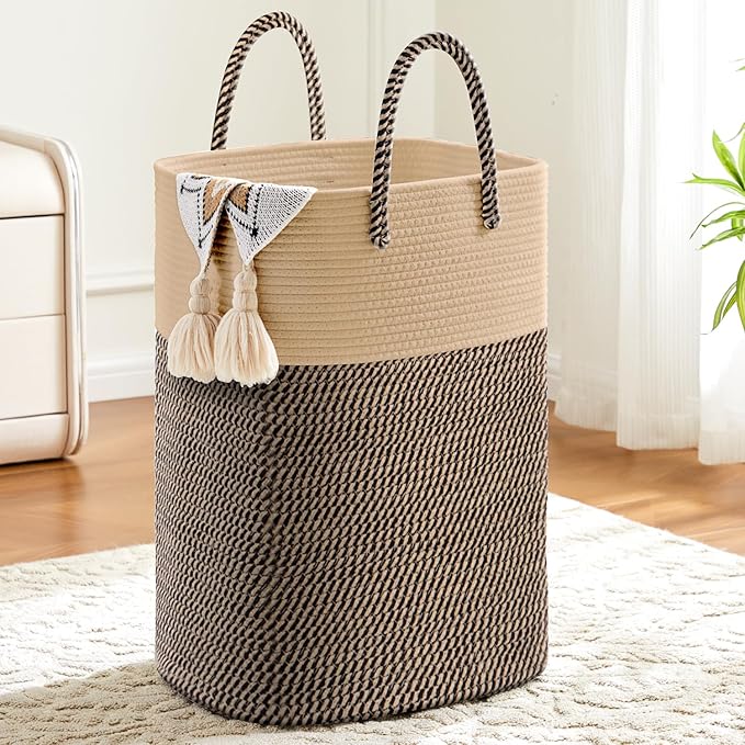 Laundry Basket,Woven Cotton Rope Laundry Hamper,Versatile Storage for Dirty Clothes,Baby Toys,and Blankets in Bathroom, Nursery,and Living Room (Jute, 40L)