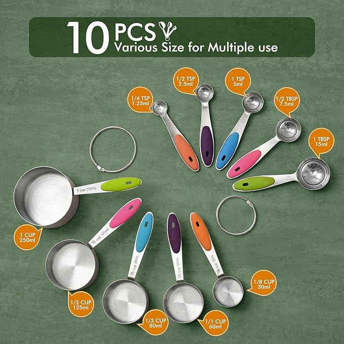 HOTEC 10-Pack Measuring Cups &Spoons Set, Kitchen Gadagets Cooking Baking, Measuring Spoons, Heavy Duty & Dishwasher Safe for Dry and Liquid Ingredients, Multicolor