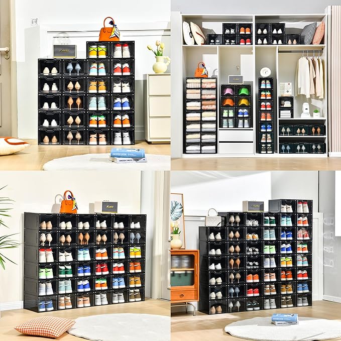 12 Pack Shoe Boxes Organizer, Magnetic Door Shoe Storage Boxes, Clear Sneaker Storage Box for Women/Men, Fit up to US Size 12