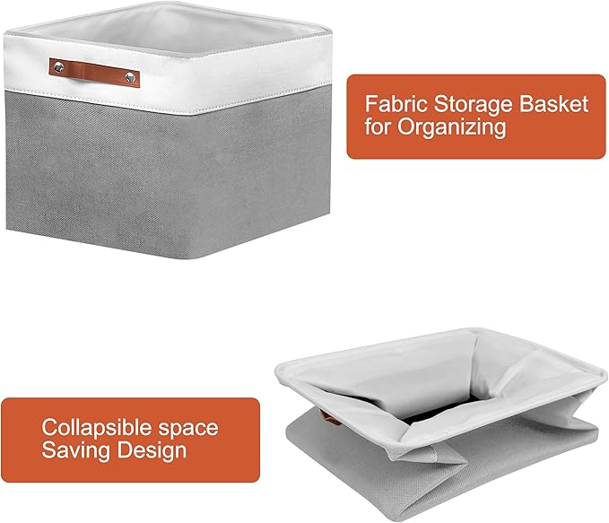 12in Open Fabric Storage Basket with Leather Handles for Organizing, Collapsible Linen Closet Bins for Shelves, Closets, Laundry, Decorative Basket for Gifts. (White＆Gray, 3PCS/12x12in)