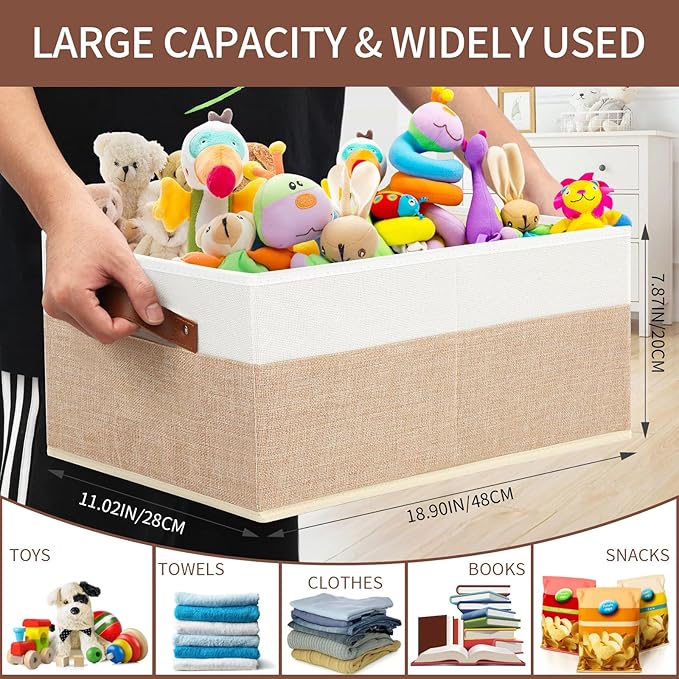 Closet Organizer Bins 3 Pack, Large Storage Bins for Shelves, Foldable Closet Storage Boxes Baskets with Leather Handles for Organizing Clothes, Sheets, Jeans, Toys, Books（Begie）