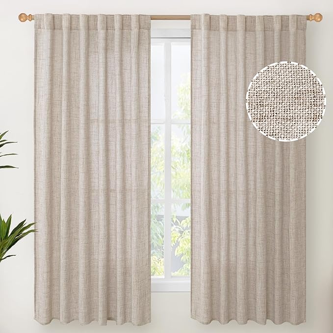 YoungsTex Beige Linen Semi Sheer Curtains 63 Inch Length for Living Room, Light Filtering Window Drapes with Rod Pocket Back Tab Natural Textured for Country Bedroom, 2 Panels, 52 X 63 Inch