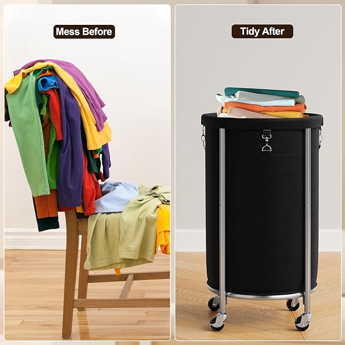 ELYKEN Laundry Hamper with Wheels, 110L Rolling Laundry Basket, Round Laundry Cart with Steel Frame and Removable Bag, 4 Casters and 2 Brakes, Dirty Clothes Hamper for Hotel, Home, Closet, Dorm, Black