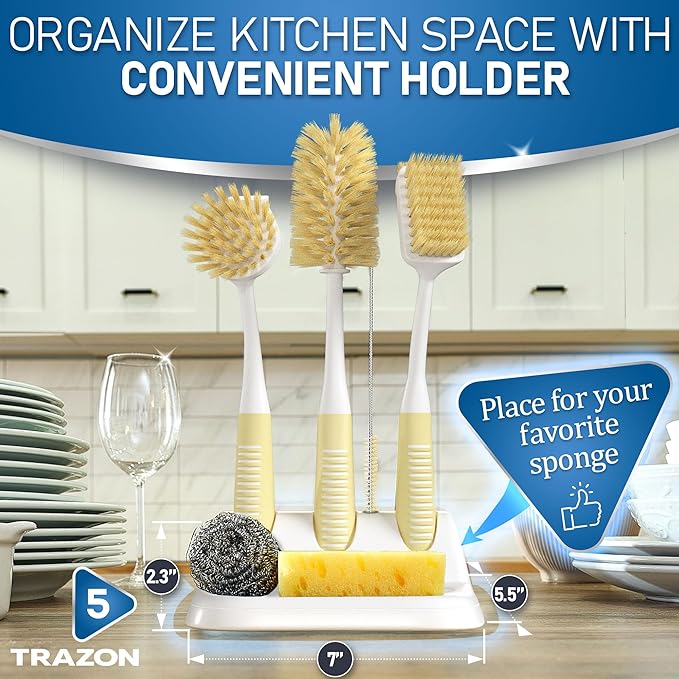 Dish Brush Set of 5 with Holder - Kitchen Scrub Brushes with Non-Slip Long Handle for Cleaning, Scrubber, Dishwashing, Dishes, Bottles, Straws, Cups, Pots & Sink, Baige