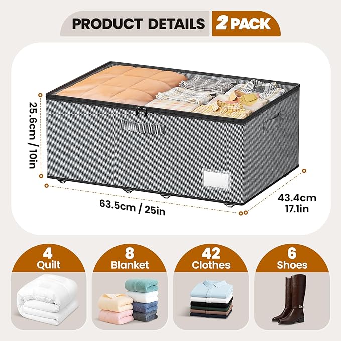 Underbed Storage with Wheels, 2 Pack Under Bed Storage Containers with Clear Lids, No Assembly Required 10.1 inch Rolling Under Bed Storage for Clothes, Grey
