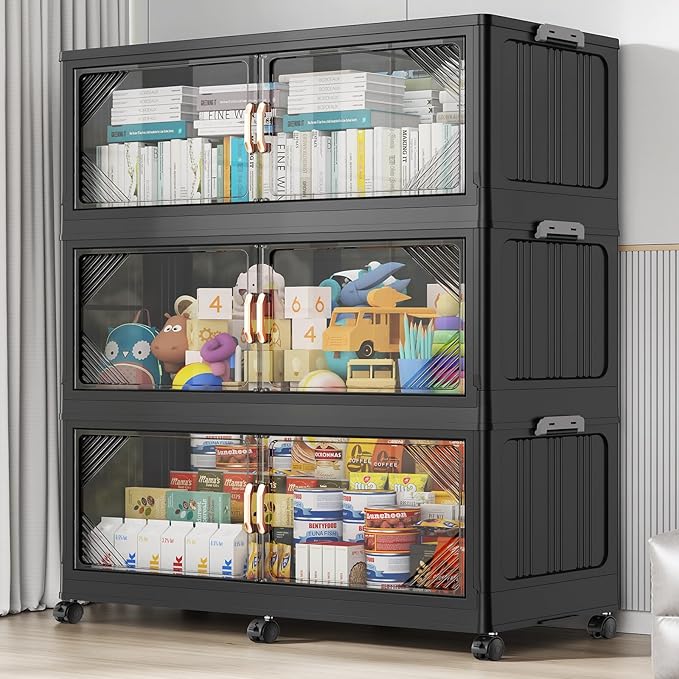 165Gal Plastic Stackable Storage Bins with Lid, 660QT Extra Large Closet Organizers Collapsible Cabinets Boxes With Drawers, Foldable Containers with 6x Wheels for Home Kitchen, V60 3Pack Black