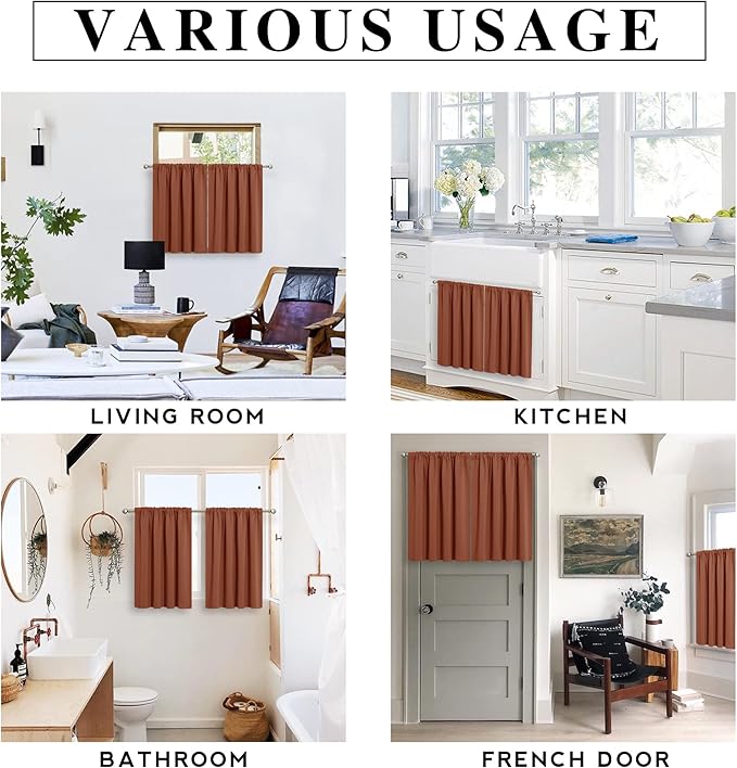 RYB HOME Bathroom Window Curtains - Super Soft Blackout Privacy Curtains for Baby Nursery Bedroom Basement Garege Workshop Kitchen Dining Living Room, W 29 x L 30, Burnt Orange, 2 Pcs