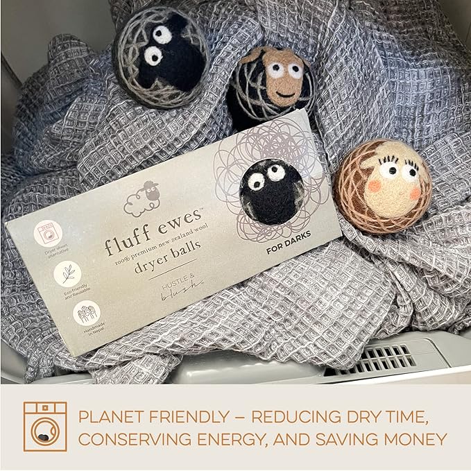Fluff Ewes Wool Dryer Balls 3 Pack Premium New Zealand Wool Laundry Balls for Dryer, No Static Dryer Balls Laundry Reusable Cute - XL Wool Dryer Balls Cute, Baby Dryer Balls for Dryers - Darks