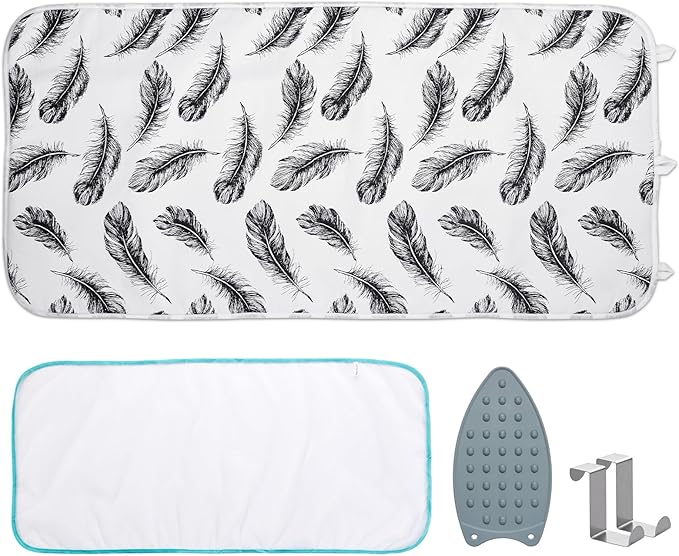 Seiritex Ironing Mat, Portable Ironing Pad 39.4 x 18.9 inch Table Top Iron Board 5 in 1 Travel Iron Blanket for Washer, Dryer, Counter top, Black Feather