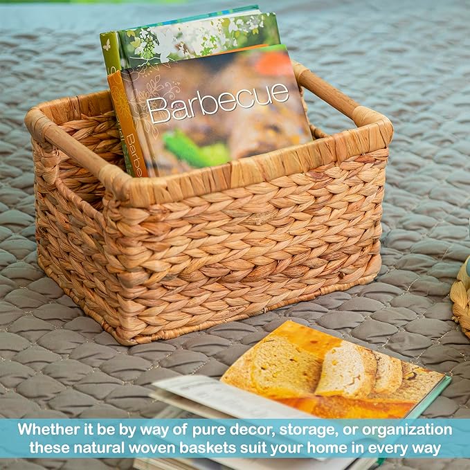 Small Wicker Baskets for Organizing Bathroom, Hyacinth Baskets for Storage, Wicker Storage Basket with Wooden Handle, Decorative Small Basket 10 x 7.5 x 6.3 inches - 3 Pack