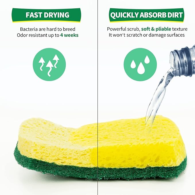 HOMERHYME Heavy Duty Cellulose Scrub Sponges, 12 Pack Dual-Sided Multipurpose Kitchen Sponge for Dishwashing, Uncoated Cookware, Sink, and Countertops