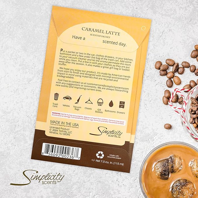 Floral Simplicity Caramel Latte Scented Sachets Pack of 3, Fall & Winter - Long-Lasting Scented Bags, Home Fragrance, Air Freshener & Deodorizer for Closet, Room, Drawer, or Cars, Made in The USA