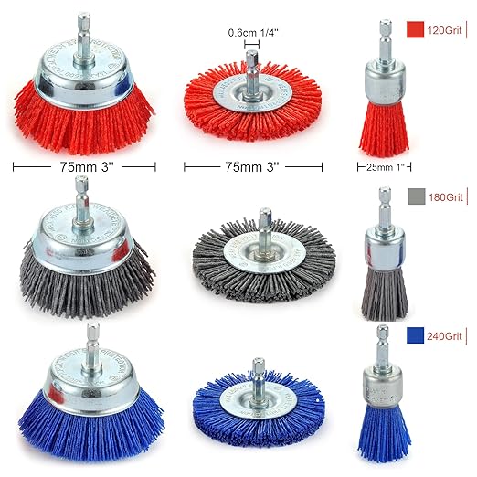 MAXMAN Nylon Drill Brush Set for Rust Removal - 9 Pack Abrasive Wheel & Cup Brush Attachments, 1/4" Hex Shank, Remove Paint & Corrosion from Metal, Wood - Heavy Duty Tools for Drills & Impact Drivers