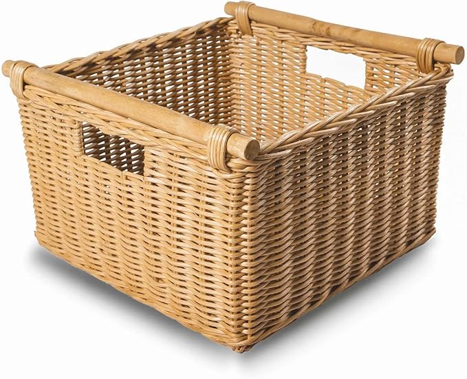 The Basket Lady Deep Pole Handle Wicker Storage Basket, Large, 15 in L x 15.5 in W x 9.5 in H, Sandstone