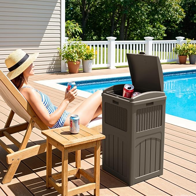 Greesum 33 Gallon Outdoor Trash Can with Lid, Waterproof Resin Garbage Bin for Hideaway, Deck, Patio, 4 Pack, Dark Brown