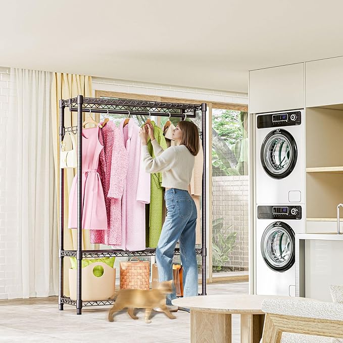 Heavy Duty Rolling Garment Rack 3 Tiers Adjustable Wire Shelving Clothes Rack with 1 Rods and Side Hooks,Storage Closet Clothing Rack Grey 15.7" D x 45.3" W x 72.4" H