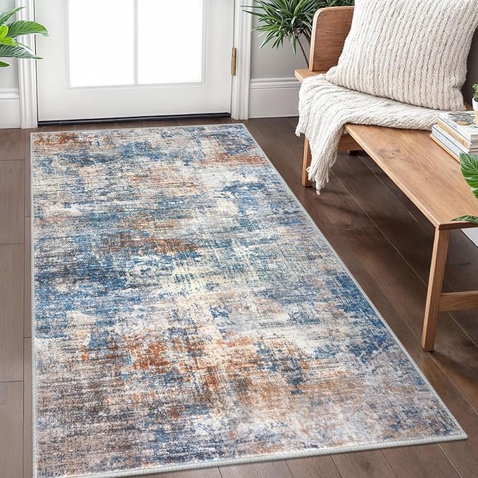 IOHOUZE Abstract Area Rug 3x5 Ft Washable Rugs for Entryway Indoor, Non Slip Kitchen Rug Printed Faux Wool Throw Rugs, Indoor Door Mat for Door Entrance Foyer Living Room, Blue Rust