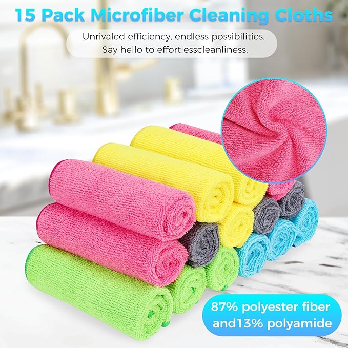 15pcs Microfiber Cleaning Cloth Lint Free, Absorbent, Streak Free, Non-Abrasive, Reusable and Washable，Cleaning Towels with 5 Color Assorted,11.5"X11.5"(Green/Blue/Yellow/Pink/Grey)