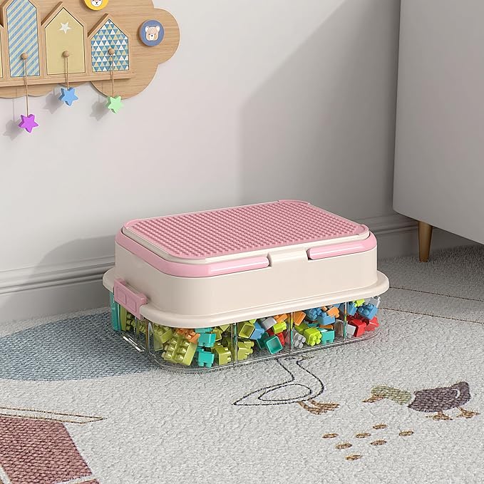 Toy Storage Organizer Box with Handle, Stackable Building Block Toy Box with Building Plate Lid & Removable Sorting Trays, Cubby Bins and Containers 1 Layer (Pink)