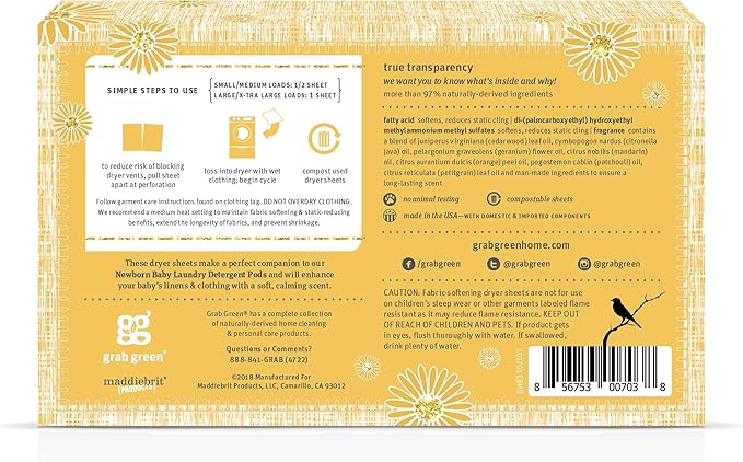 Grab Green Newborn Baby Dryer Sheets, 40 Sheets, Chamomile Scent, Plant and Mineral Based, Compostable, Softens Clothing and Linens, Reduces Static Cling