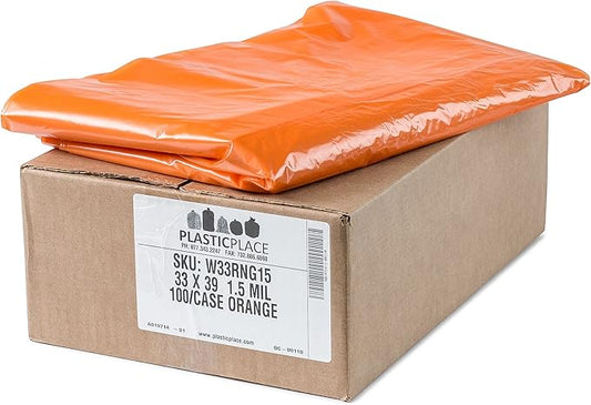 Plasticplace 32-33 Gallon Trash Bags │ 1.5 Mil │ Orange Garbage Can Liners │ 33’” x 39” (100 Count) (W33RNG15)