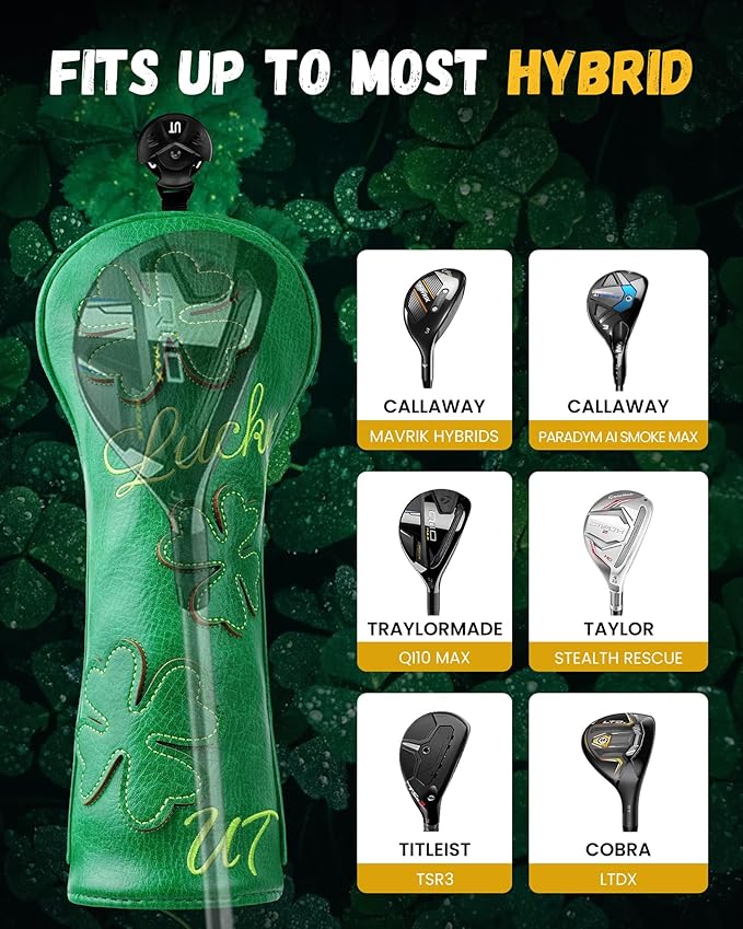 Golf Headcovers Golf Club Head Covers Four Leaf Clover Good Luck Charm - Clover Style Premium Leather Driver Fairway(FW) Wood Hybrid(UT) with Number Tags